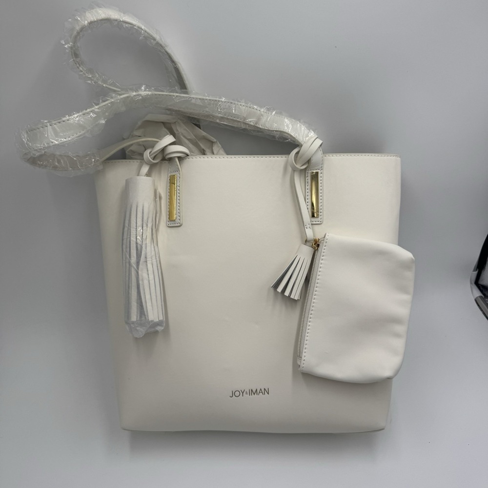 Joy & Iman White Leather Tote Shoulder Bag Gold Tone Tassel Pouch New